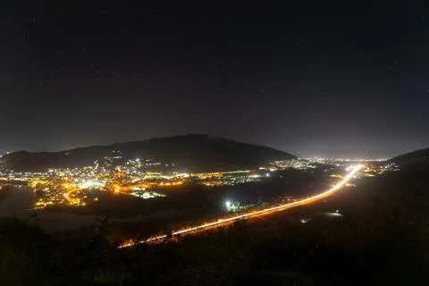 Lights of the night city of Mtskheta from above Stock Photos