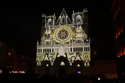 The lights projected on the Lyon cathedral Stock Photos