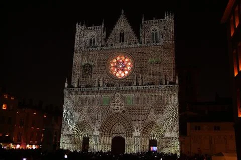 The lights projected on the Lyon cathedral Stock Photos