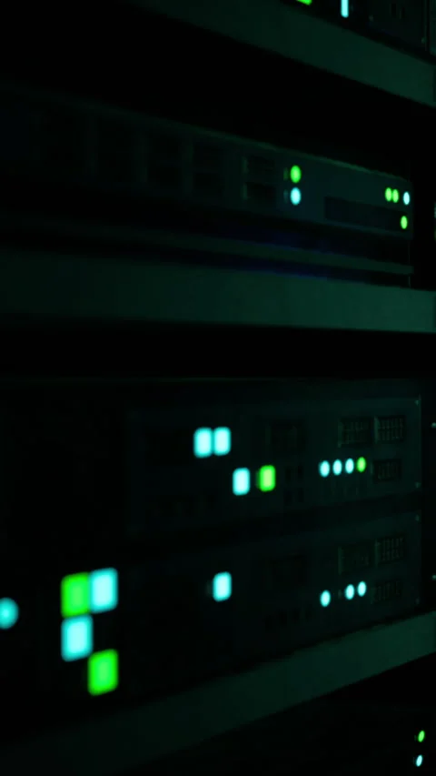 Lights on server equipment during data processing at a tech facility Stock Footage 338424477