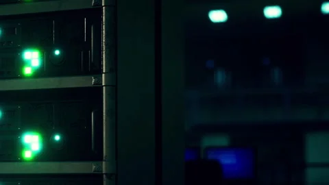 Lights on server rack in data center during nighttime operations Stock Footage 344998648