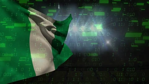 Lights switching on green white green flag billowing binary digits densifying Stock Footage 329472338