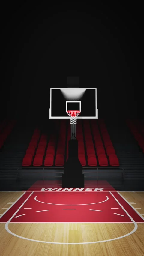 Lights turning on at empty red and black basketball court. 3d rendering. Stock Footage 267136689