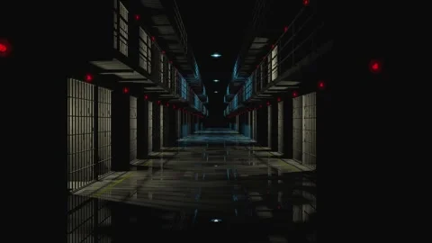 Lights turning on sequentially at prison corridor at night. Stock Footage 270223481