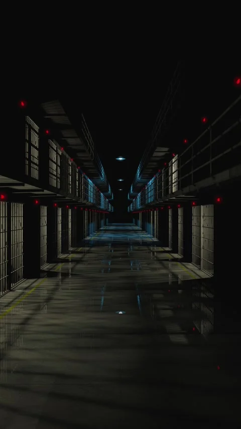 Lights turning on sequentially at prison corridor at night. Stock Footage 270223482