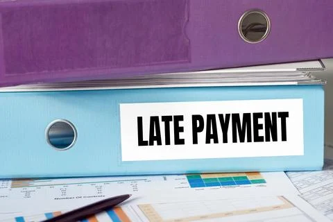 A lignt blue folder with the label LATE PAYMENT. 스톡 사진