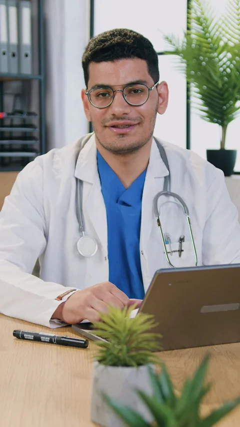 Likable confident professional 35-aged man-medical specialist in glasses and med Stock Footage 330497024