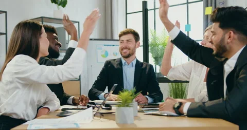 Likable happy successful skilled multiracial businesspeople are satisfied from Stock Footage 159585539