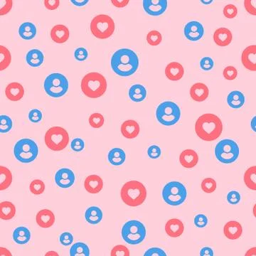 Likes for blogger seamless pattern. Red hearts and blue avatars on pink 스톡 일러스트