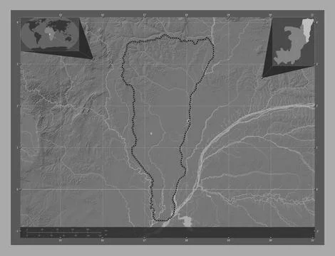 Likouala, Republic of Congo. Bilevel elevation map with lakes and rivers Stock Illustration