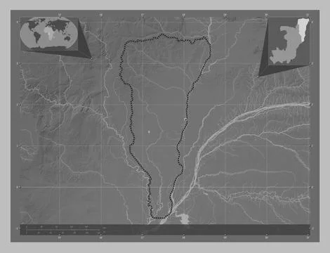 Likouala, Republic of Congo. Grayscale elevation map with lakes and rivers Stock Illustration