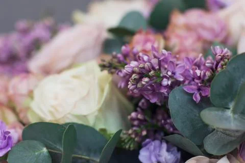 Lilac and eucalyptus in a large delicate bouquet Stock Photos