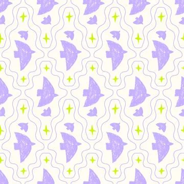 Lilac bird seamless pattern with crayon silhouettes and lime stars on cream. イラスト素材