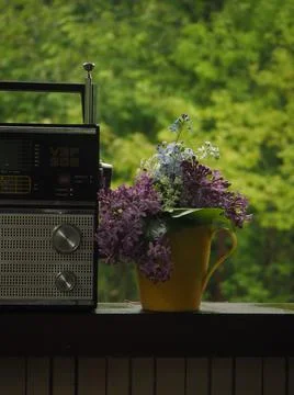Lilac branches stand in a jug on the window in retro style Stock Photos