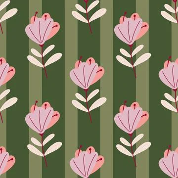 Lilac colored scribble flowers print seamless pattern. Green striped backgrou Stock Illustration