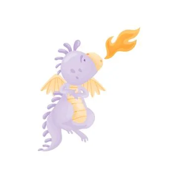 Lilac dragon spews flames. Vector illustration on white background. Stock Illustration