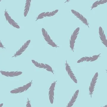 Lilac feathers seamless pattern on blue background. Stock Illustration