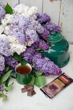 Lilac flowers create a beautiful spring setting with a green enamel mug fil.. Stock Photos