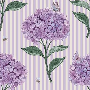 Lilac Hydrangea Pattern with Bees and Butterflies on Stripes. Seamless Stock Illustration