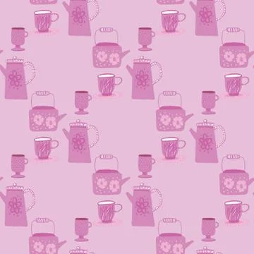 Lilac palette seamless teapot pattern. Cupda and kettles hand drawn elements  Illustrazione stock