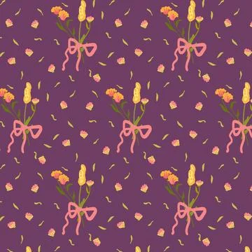Lilac seamless pattern with wild flowers. Winter floral background in retro Stock Illustration