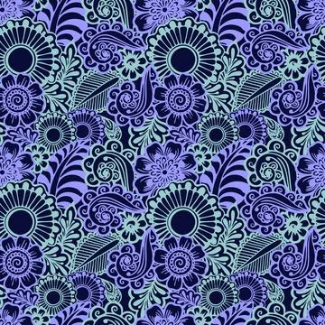 Lilic and blue seamless pattern on a blue background, floral repeating patt.. Illustrazione stock