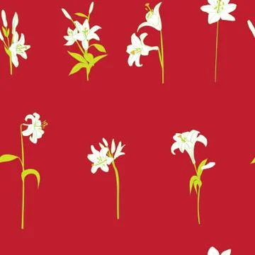 Lilies sparse pattern on red Stock Illustration