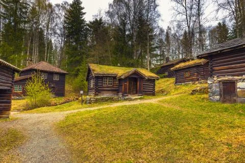 Lillehammer, Norway - May 13, 2017: Traditional houses in Maihaugen open air  Stock Photos