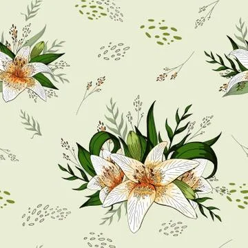 Lily bouquets and isolated elements seamless pattern Stock Illustration