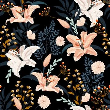 Lily flower seamless pattern on black background with floral, White lily flor Stock Illustration