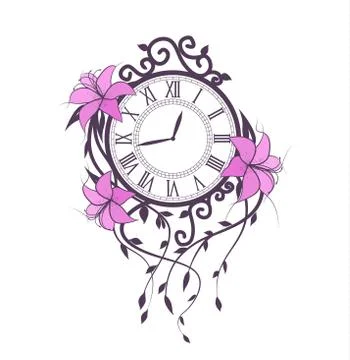 Lily flowers and clock Stock Illustration