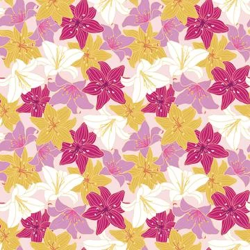 Lily flowers seamless pattern design on pink background Stock Illustration