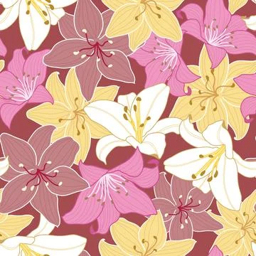 Lily flowers seamless pattern on red background Stock Illustration