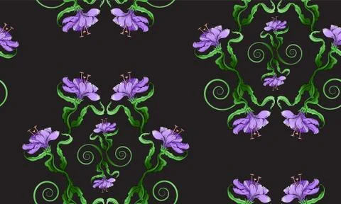 Lily seamless pattern, on black background in light violet color Stock Illustration