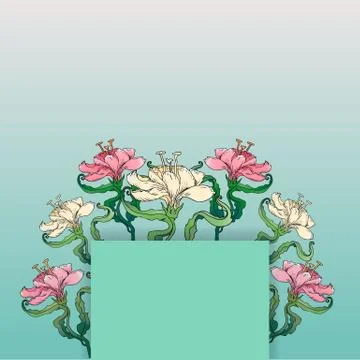 Lily on turquoise background, creative hand draw vector background, floral te Stock Illustration