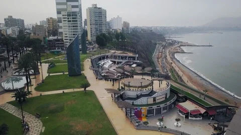 Lima City pullback over Miraflores mall Aerial - Peru, South America Video stock 119299110