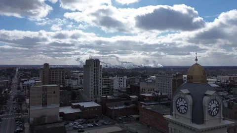Lima county Clock tower hovering drone shot Stock Footage 283604499