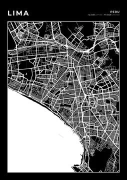 Lima Map Wall Art Frame, Cartography Map Print, City Layout Map Stock Illustration