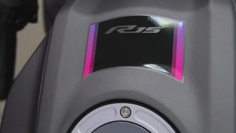 Lima, Peru, 15 Mar 2025. Special edition Yamaha R15v4 motorcycle, fuel tank cap Stock Footage 305263928