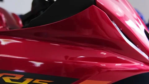Lima, Peru, 15 Mar 2025. New color Red Yamaha R15v4 motorcycle detail showing Stock Footage 305263984