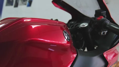 Lima, Peru, 15 Mar 2025. New color Red Yamaha R15v4 motorcycle detail showing Stock Footage 305264082