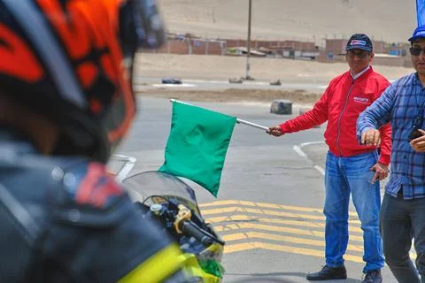 Lima, Peru 2023. start flag in Motopark Santa Rosa CHAMPIONSHIP. Stock Photos