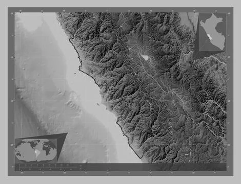 Lima, Peru. Grayscale elevation map with lakes and rivers Stock Illustration
