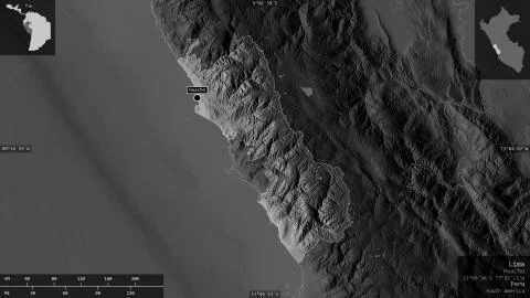 Lima, Peru. Grayscaled map with lakes and rivers Stock Illustration