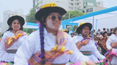 Lima, Peru. March, 1 2026; Traditional peruvian dancers at andean carnival Stock Footage 330255648