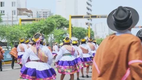 Lima, Peru. March, 1 2026; Traditional peruvian dancers at andean carnival Stock Footage 330255723