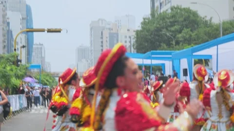 Lima, Peru. March, 1 2026; Caporales dancers performing traditional andean Stock Footage 330255881