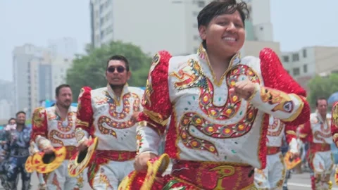 Lima, Peru. March, 1 2026; Peruvian caporales dancers performing in andean Stock Footage 330256027