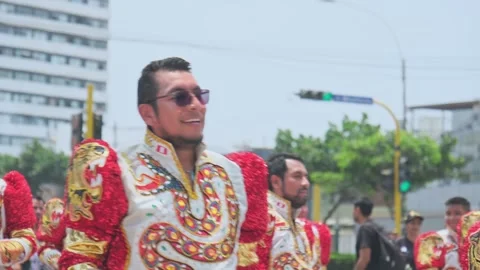 Lima, Peru. March, 1 2026; Peruvian caporales dancers performing in andean Stock Footage 330256107