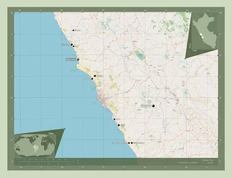 Lima, Peru. Open Street Map. Locations and names of major cities of the regio Stock Illustration